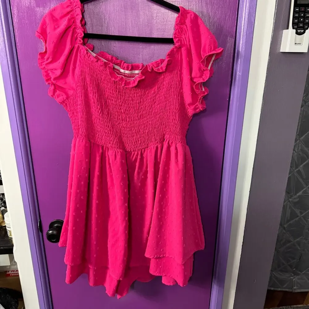 SHEIN Curve 4XL Hot Pink Smocked Babydoll Dress Swiss Dot Ruffle Sleeves